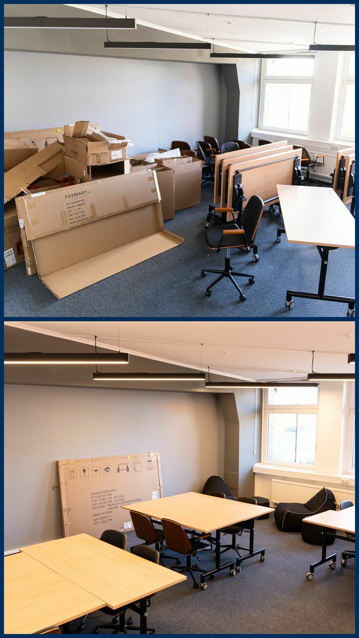 Raum 115 vorher unaufgeräumt mit Kartons und nachher Tische und Stühle fertig aufgebaut