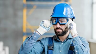 Mann mit Schutzkleidung auf Baustelle