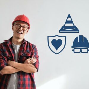 Mann mit rotem Helm daneben AGS Symbole