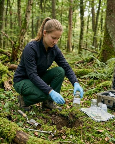 Eine Umweltschutztechnikerin entnimmt eine Bodenprobe im Wald.