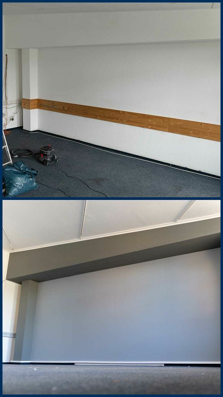 Oben - Vorher: Veranstaltungsraum noch mit Holzleiste und weißer Wand; Unten - Nachher: Neue Lichleisten sind angebracht, es wurde eine Wand grau gestrichen und die anderen weiß
