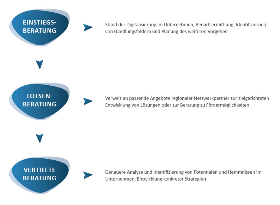 Einstiegsberatung: Stand der Digitalisierung im Unternehmen - Lotsenberatung: Verweis an lokale Netzwerkpartner für zielgerichtete Lösungsentwicklung - Vertiefte Beratung: Identifizierung von Potentialen & Hemmnissen im Unternehmen + Strategieentwicklung