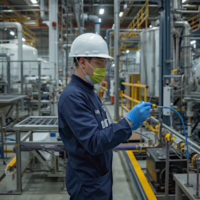 Ein Mann mit blauem Overall, Mundschutz und Schutzhelm in einer Fabrikhalle. Er hat ein Messgerät in der Hand und schaut auf das Display.